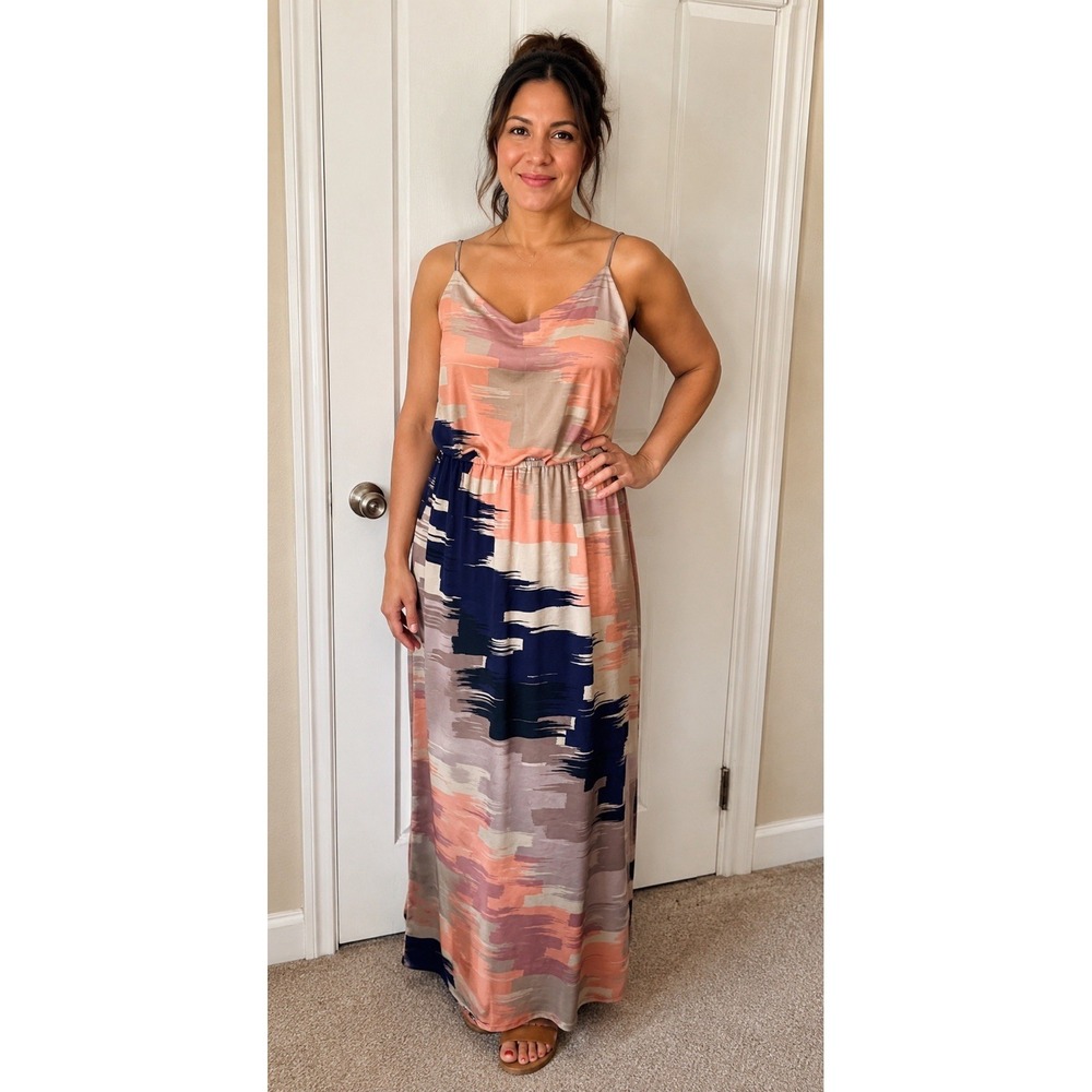 Tori Richard Maxi Dress M Abstract Brushstroke Hawaiian Resort Cowl Neck Y2K